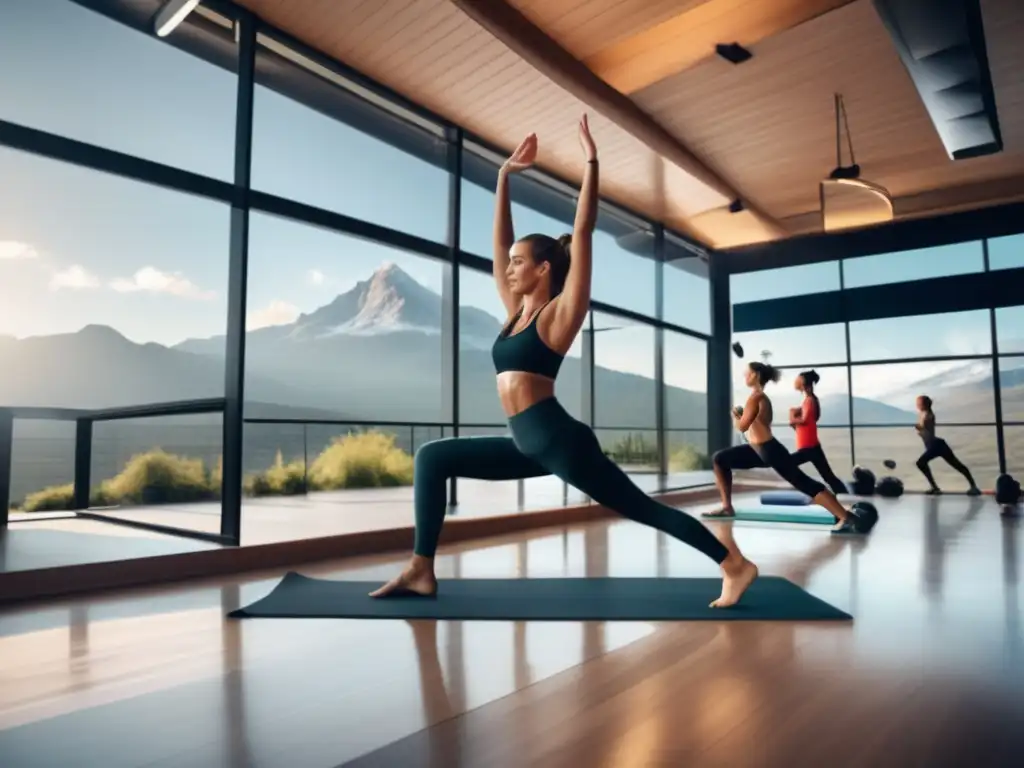 Gimnasio moderno con vista a montañas Gimnasio moderno con vista a una impresionante montaña - Importancia de ejercicios previos al viajar