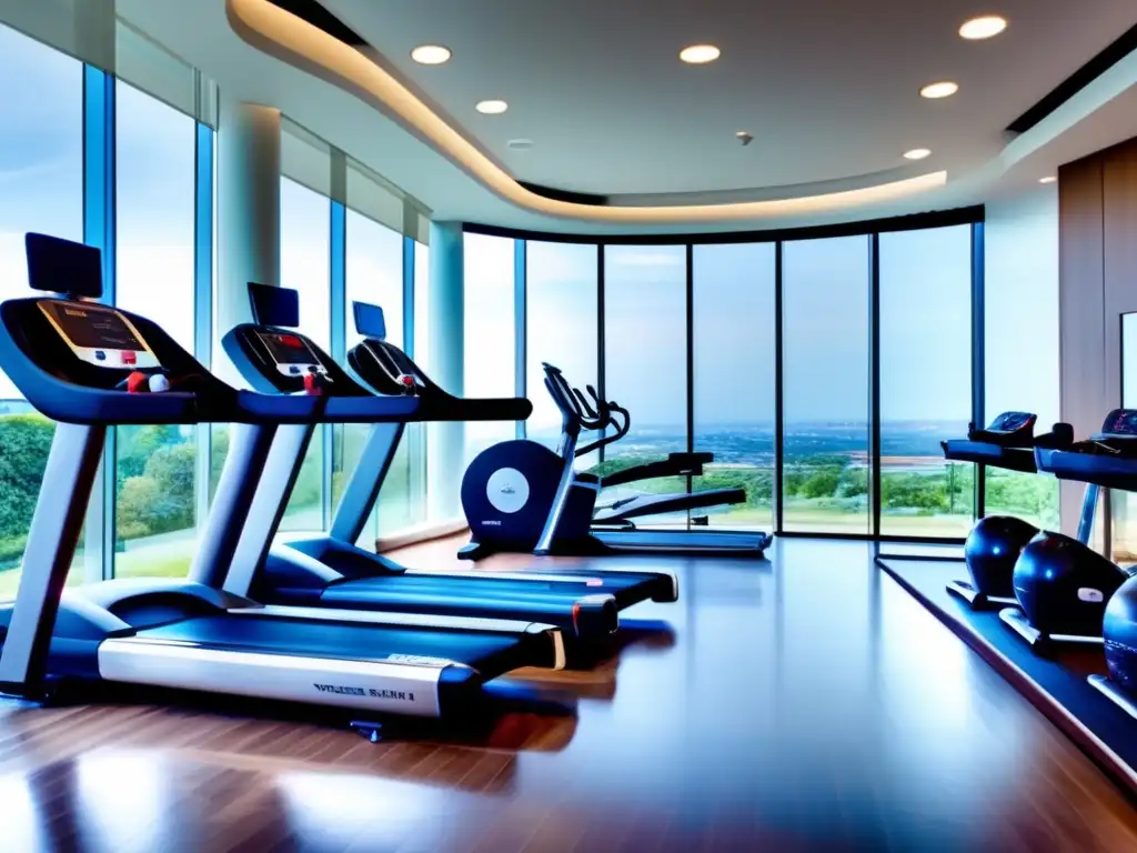 Gimnasio moderno y espacioso con vista panorámica Rutinas de ejercicio para viajeros maduros seguros en un moderno centro fitness con vista panorámica y máquinas de última generación