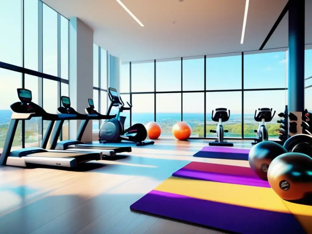 Gimnasio moderno y vibrante con ejercicio y calentamiento Importancia de ejercicios previos al viajar en un gimnasio moderno y vibrante