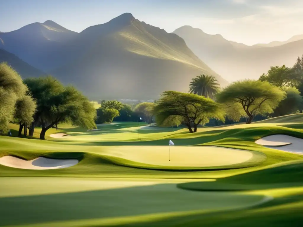Campo de golf sereno rodeado de montañas Viajes de golf para seniors: imagen de un campo de golf sereno rodeado de exuberante vegetación y enmarcado por montañas imponentes