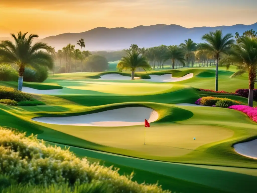 Hermoso campo de golf rodeado de colinas y cielos azules serenos Viajes de golf para seniors: turismo deportivo en destinos tranquilos
