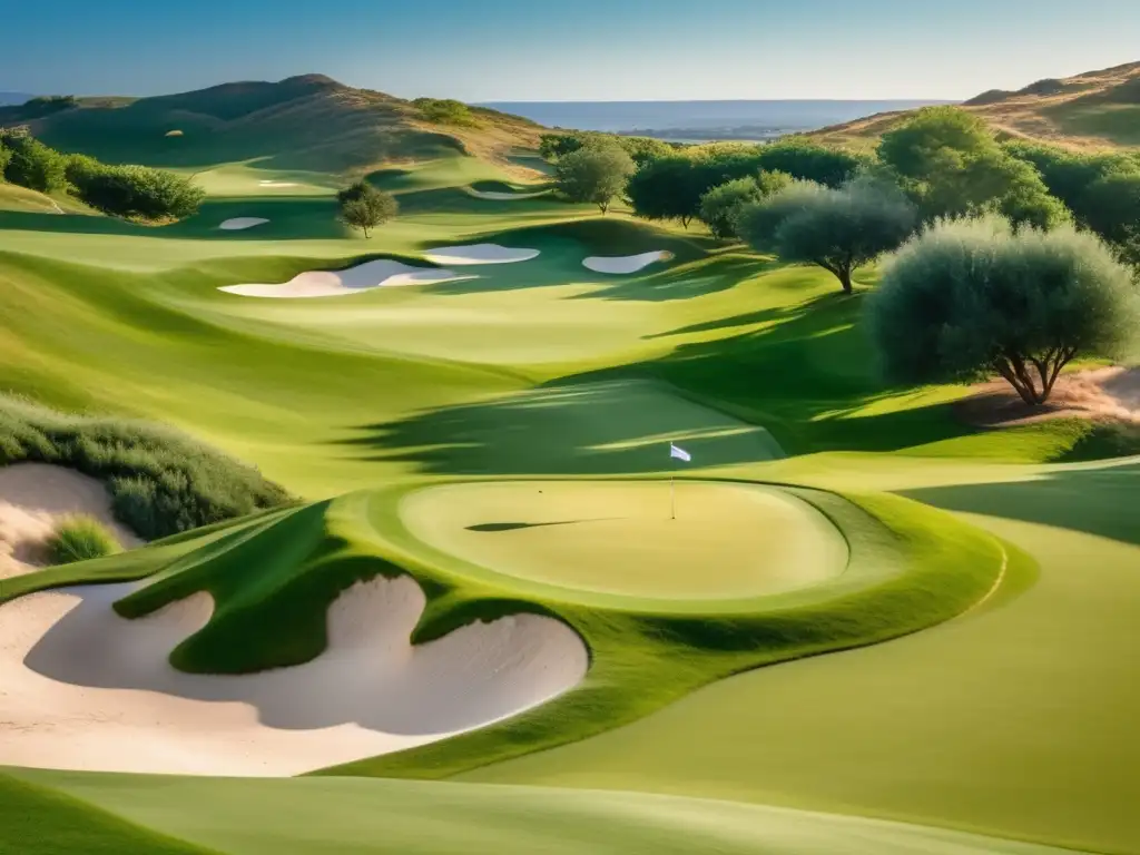 Campo de golf en colinas verdes bajo cielo azul Un majestuoso campo de golf rodeado de colinas verdes y cielo azul