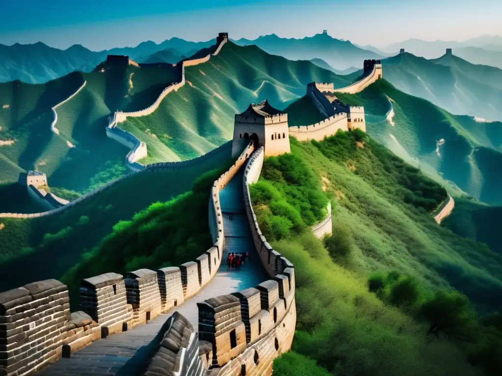 Majestuosa Gran Muralla China y viajeros emocionados Destinos históricos para viajeros senior - Gran Muralla China majestuosa, detallada en 8k con vistas impresionantes y viajeros seniors emocionados