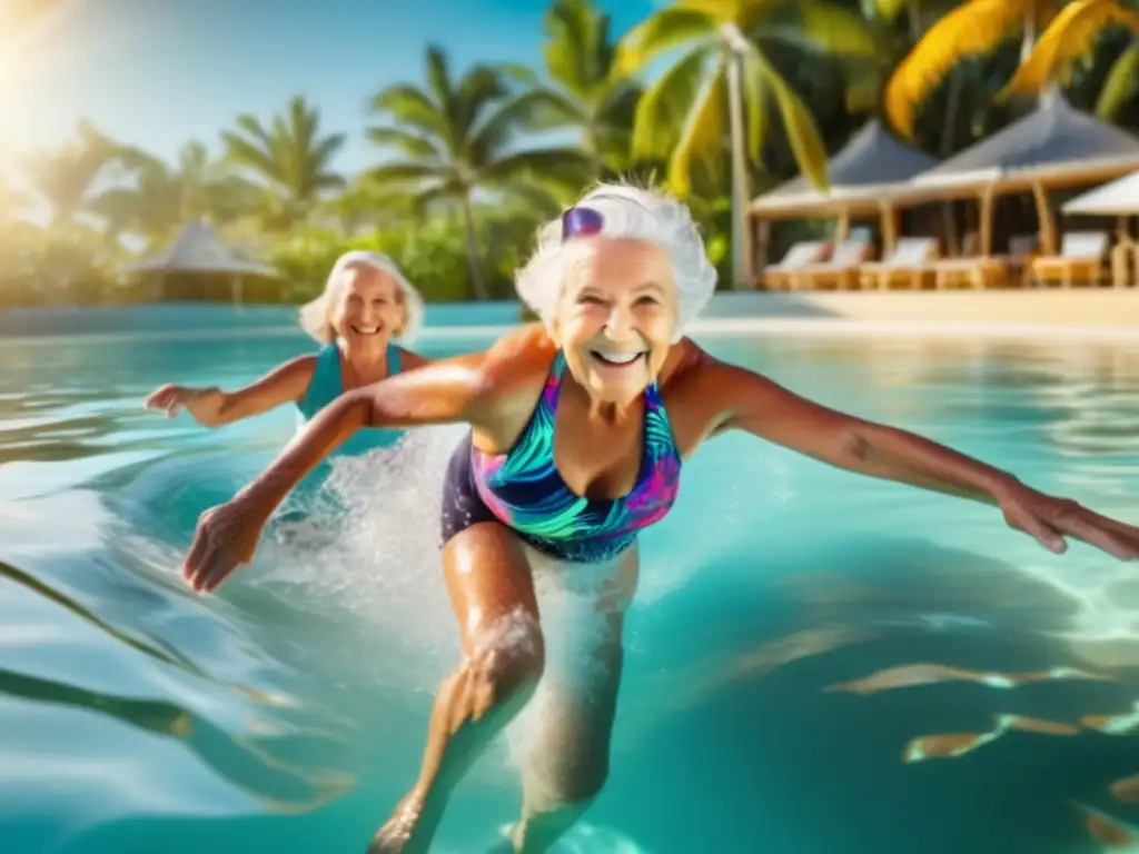 Grupo de alegres adultos mayores realizando ejercicios acuáticos seguros Ejercicios acuáticos seguros para viajeros senior en vibrante imagen 8k: agua cristalina, energía y color