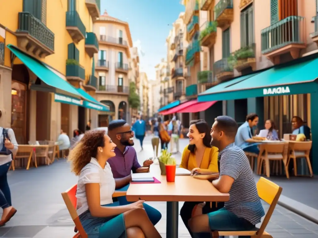 Grupo de adultos aprendiendo idiomas en Barcelona Aprende idiomas viajando con adultos en una vibrante imagen de inmersión lingüística en Barcelona