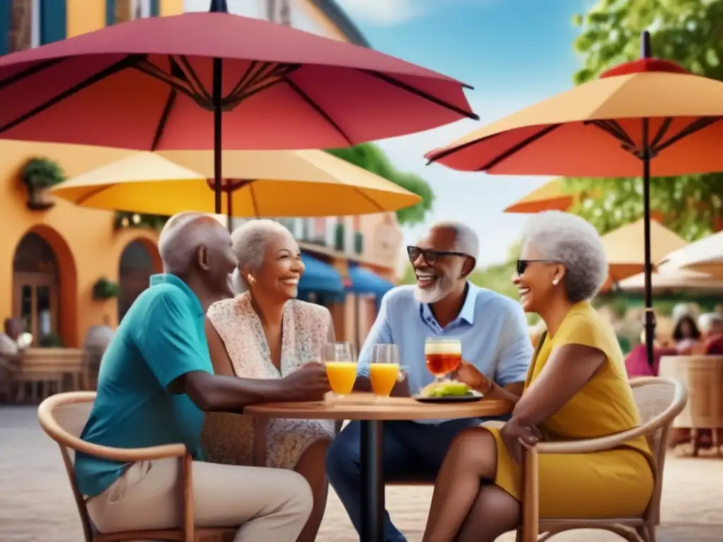 Grupo de adultos mayores disfrutando en un café al aire libre Grupo de adultos mayores disfrutando de viajes en grupo, con amigos, risas y arquitectura vibrante