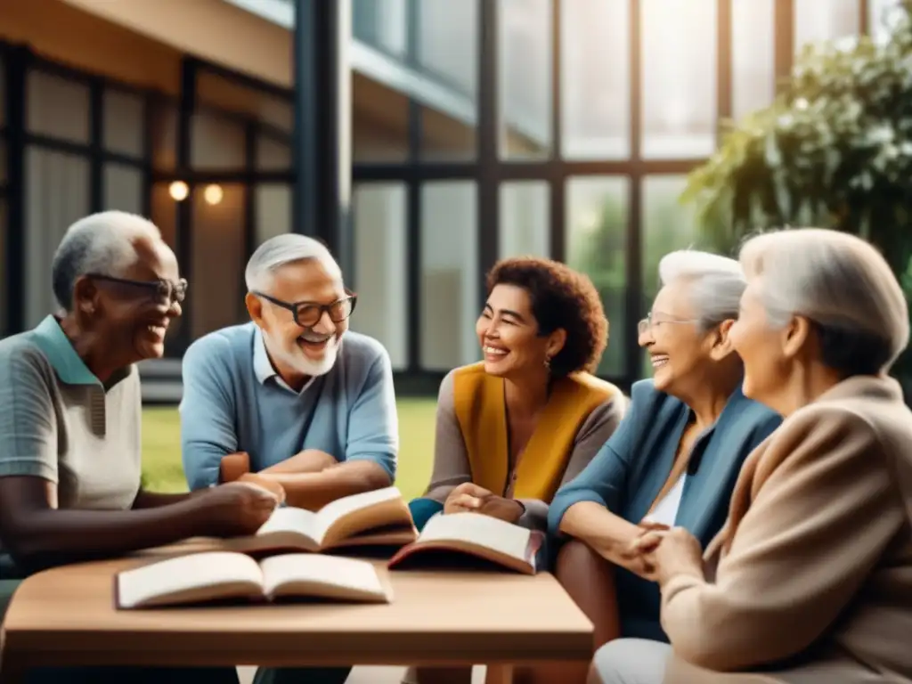 Seniors aprendiendo idiomas al aire libre Adultos mayores disfrutando de aprendizaje de idiomas y camaradería en una escuela moderna