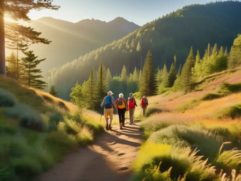 Grupo de adultos mayores disfrutando de una caminata en la montaña Retiros de senderismo para adultos mayores en un paisaje montañoso y soleado