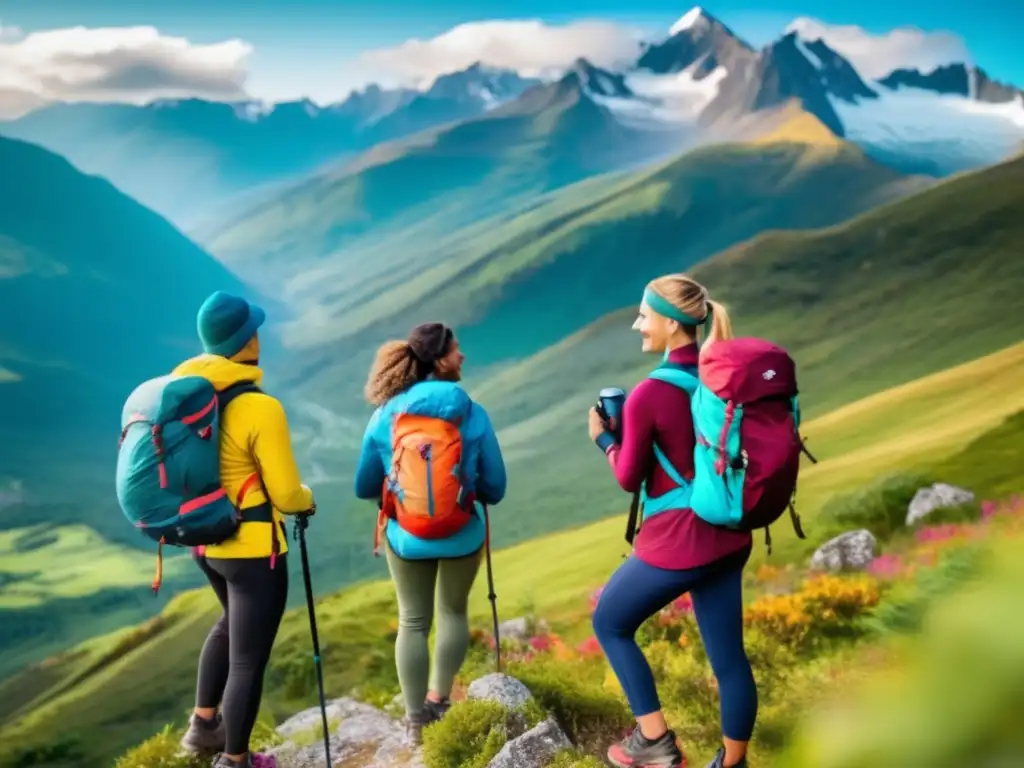 Grupo diverso de viajeros en la cima de una montaña Beneficios suplementos nutricionales en viajes: grupo diverso de viajeros en montaña con paisaje y equipo de senderismo