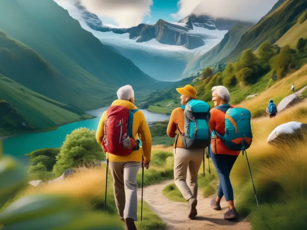 Aventura de viaje para adultos mayores Aventuras saludables para viajeros maduros en paisaje vibrante 8k, con montañas nevadas y naturaleza exuberante
