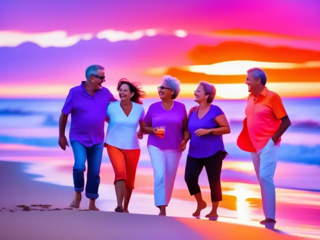 Grupo de adultos disfrutando de la playa al atardecer Grupo de adultos mayores disfrutando de viajes en una playa pintoresca al atardecer