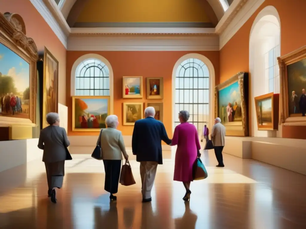 Grupo de adultos mayores disfrutando arte Viajes culturales para adultos mayores en un museo lleno de obras de arte, con detalles realistas y una atmósfera serena