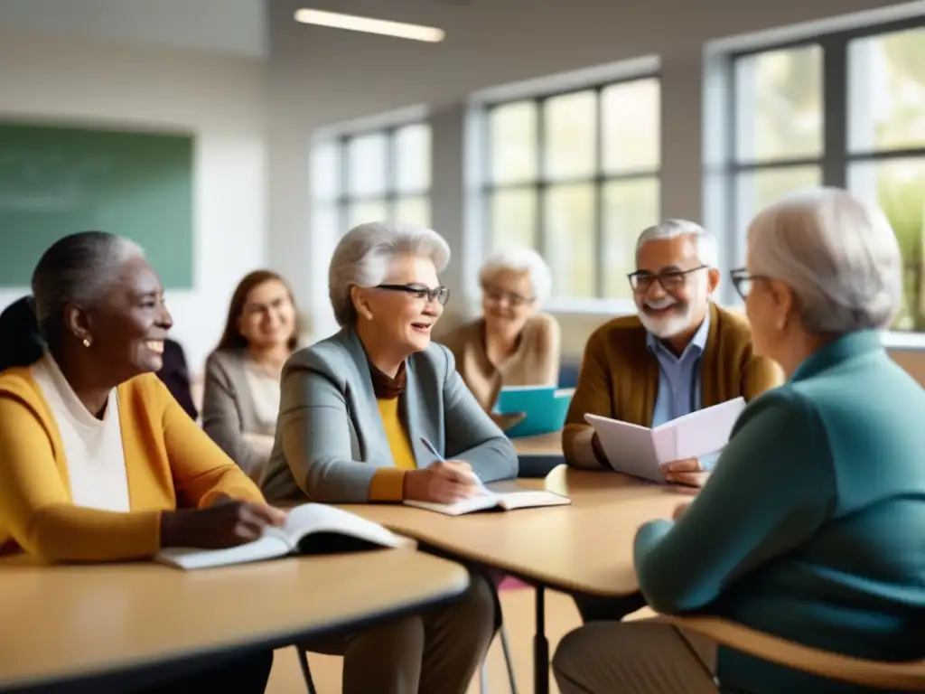 Adultos mayores aprendiendo idiomas en aula luminosa Adultos mayores disfrutando de beneficios de viajes lingüísticos