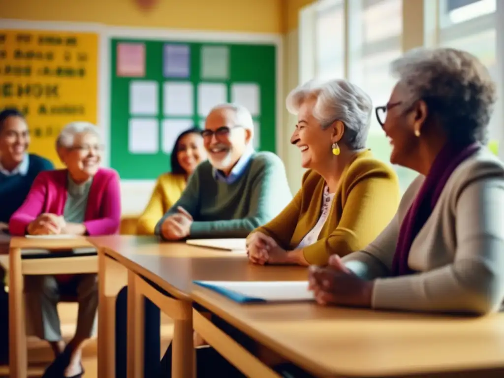 Grupo de adultos mayores en aula luminosa aprendiendo idiomas: Viajes lingüísticos para adultos mayores