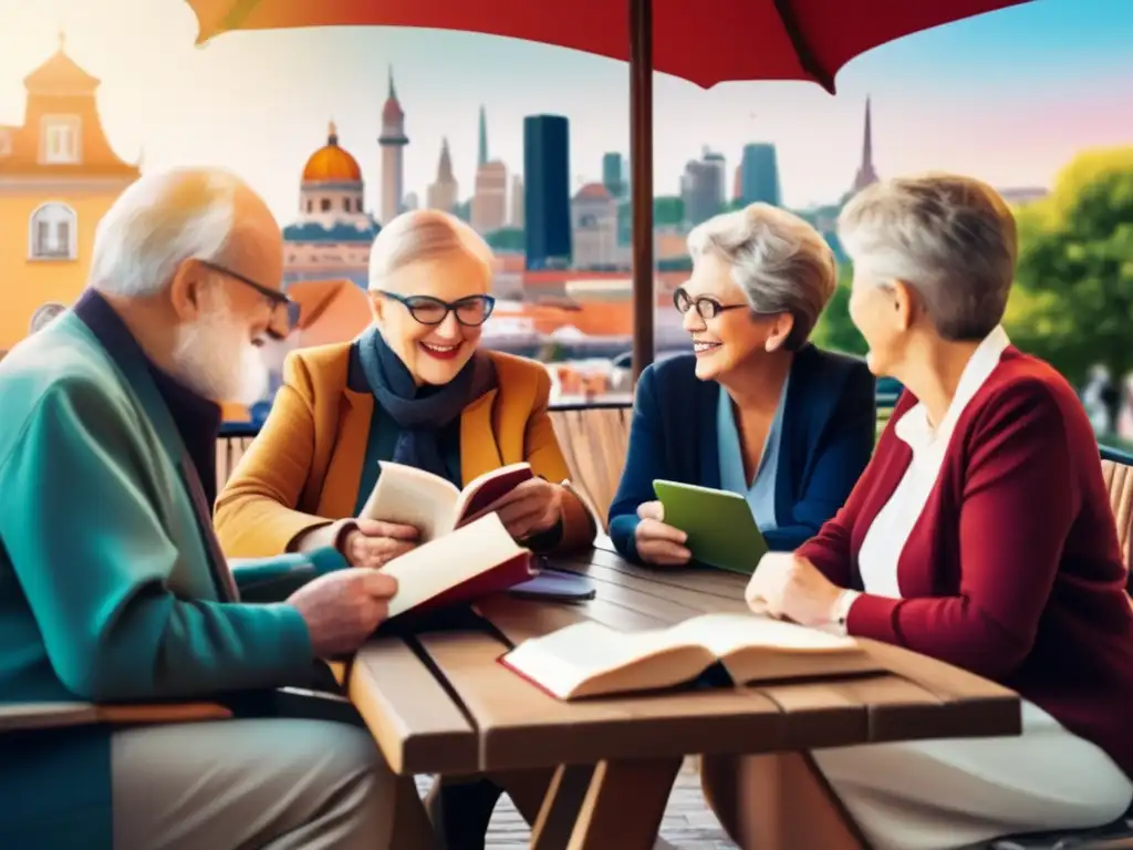 Alegre actividad de aprendizaje de idiomas para adultos mayores Viajes lingüísticos para adultos mayores aprendiendo y disfrutando en una animada actividad