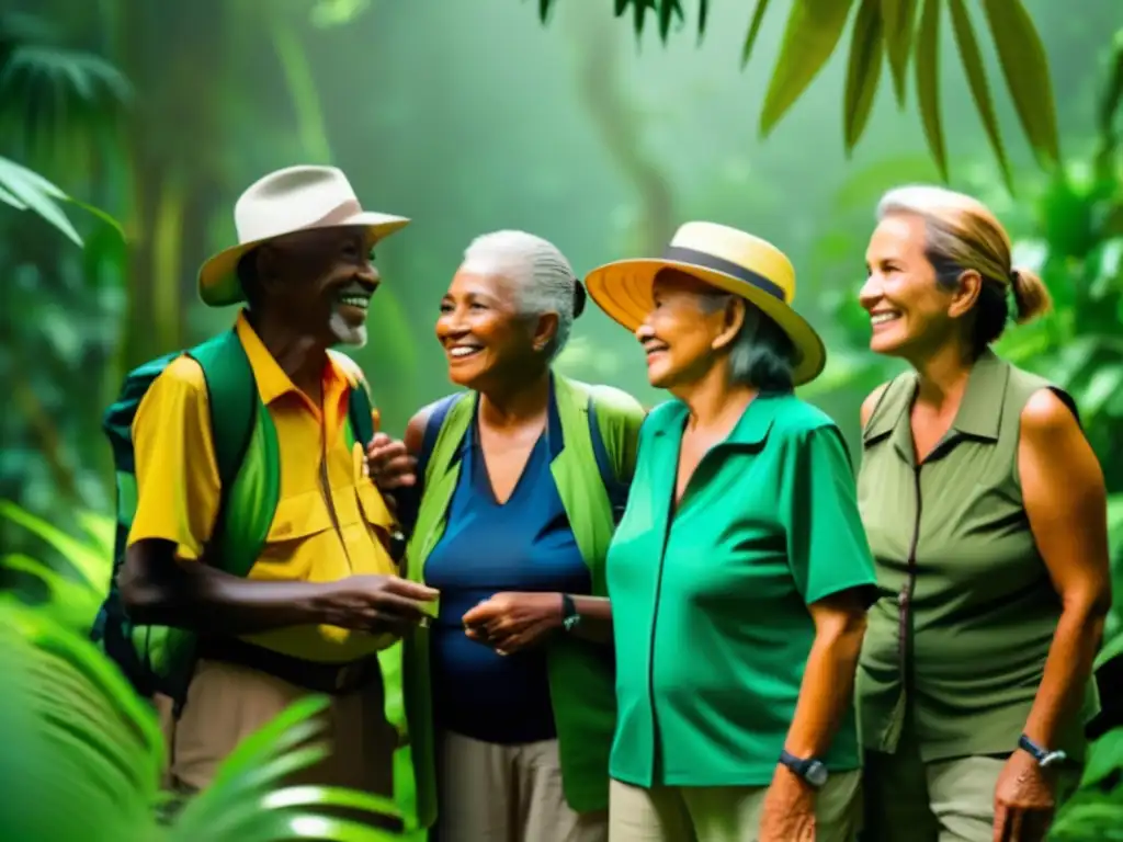 Grupo de adultos mayores disfrutando la selva amazónica Aventuras seguras en la Amazonía para adultos mayores en la selva tropical con compañerismo y naturaleza exuberante