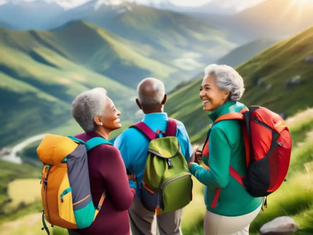 Grupo de adultos mayores disfrutando de la aventura en la montaña Viajes en grupo para mayores: Pros y contras