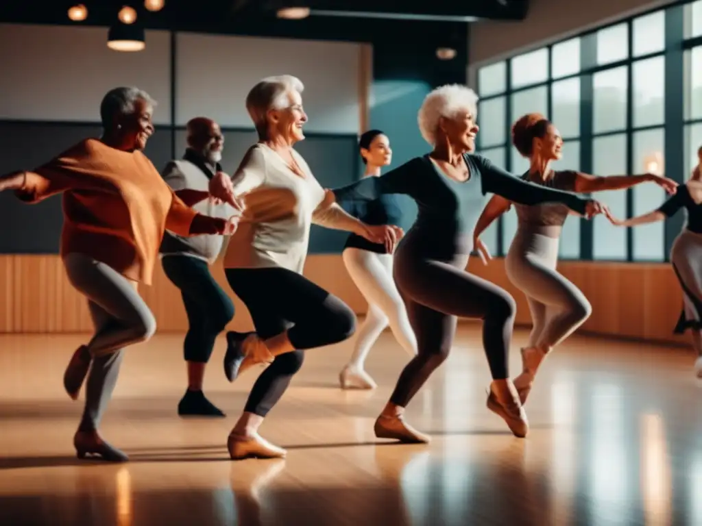 Grupo de adultos mayores bailando en estudio de danza, promoviendo viajes seguros para mayores