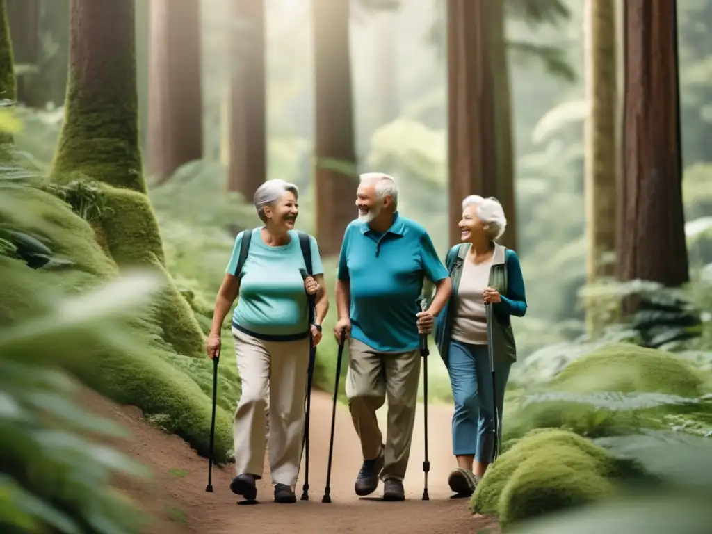 Grupo de adultos mayores disfrutando de una caminata inclusiva Senderismo accesible para adultos mayores en hermoso entorno natural
