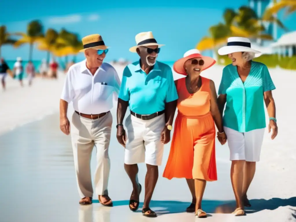Grupo de adultos mayores disfrutando de la playa en Miami Experiencias en Miami para adultos mayores: grupo alegre en la icónica playa, bajo el sol, con aguas turquesas y ambiente vibrante