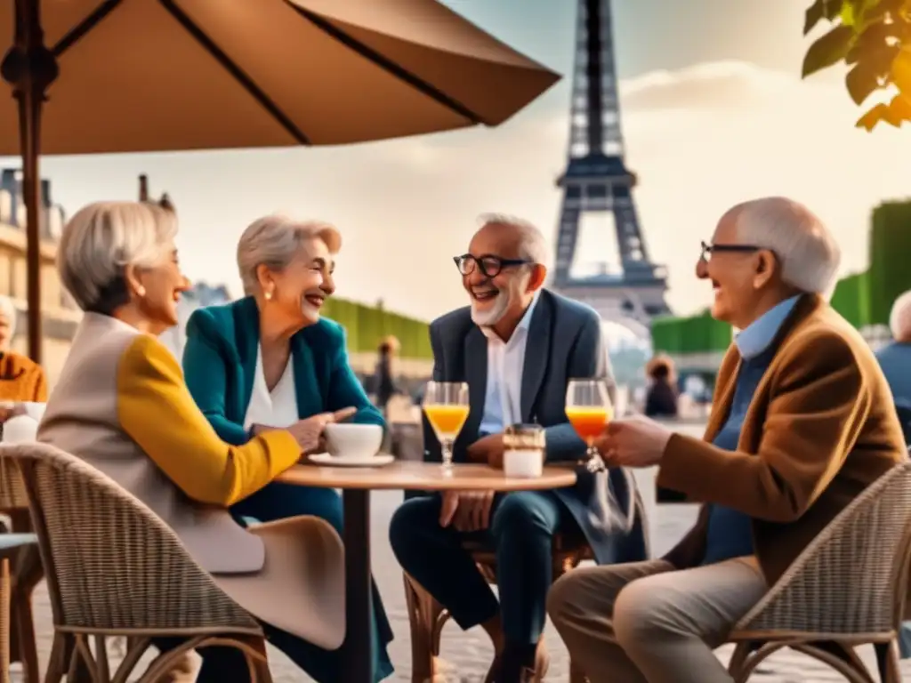 Cafetería en París con adultos mayores aprendiendo francés Café al aire libre en París con adultos mayores aprendiendo francés y disfrutando de la icónica arquitectura de la ciudad