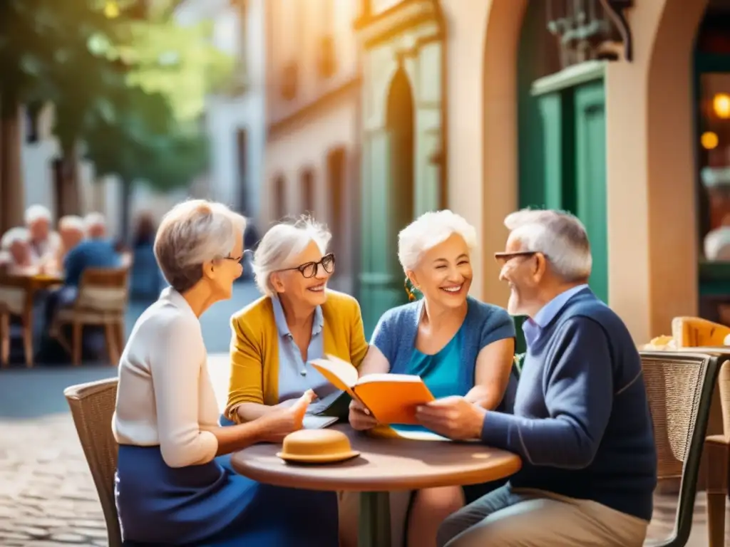 Encuentro lingüístico en café Grupo de adultos mayores disfrutando de viajes lingüísticos en encantadora ciudad europea