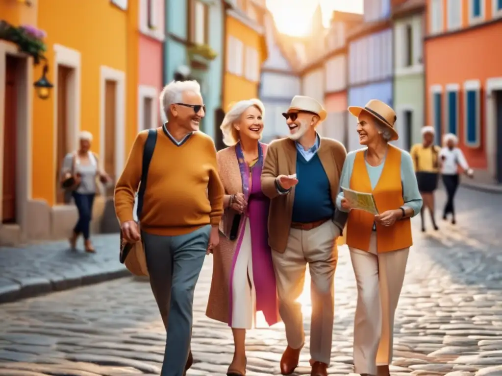 Grupo de adultos mayores sonrientes en un seguro y divertido tour cultural - Consejos viaje seguro mayores
