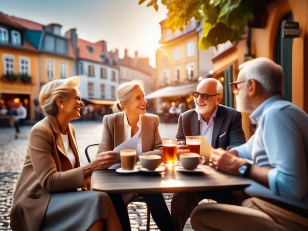 Grupo de adultos mayores disfrutando de un café en una hermosa ciudad europea