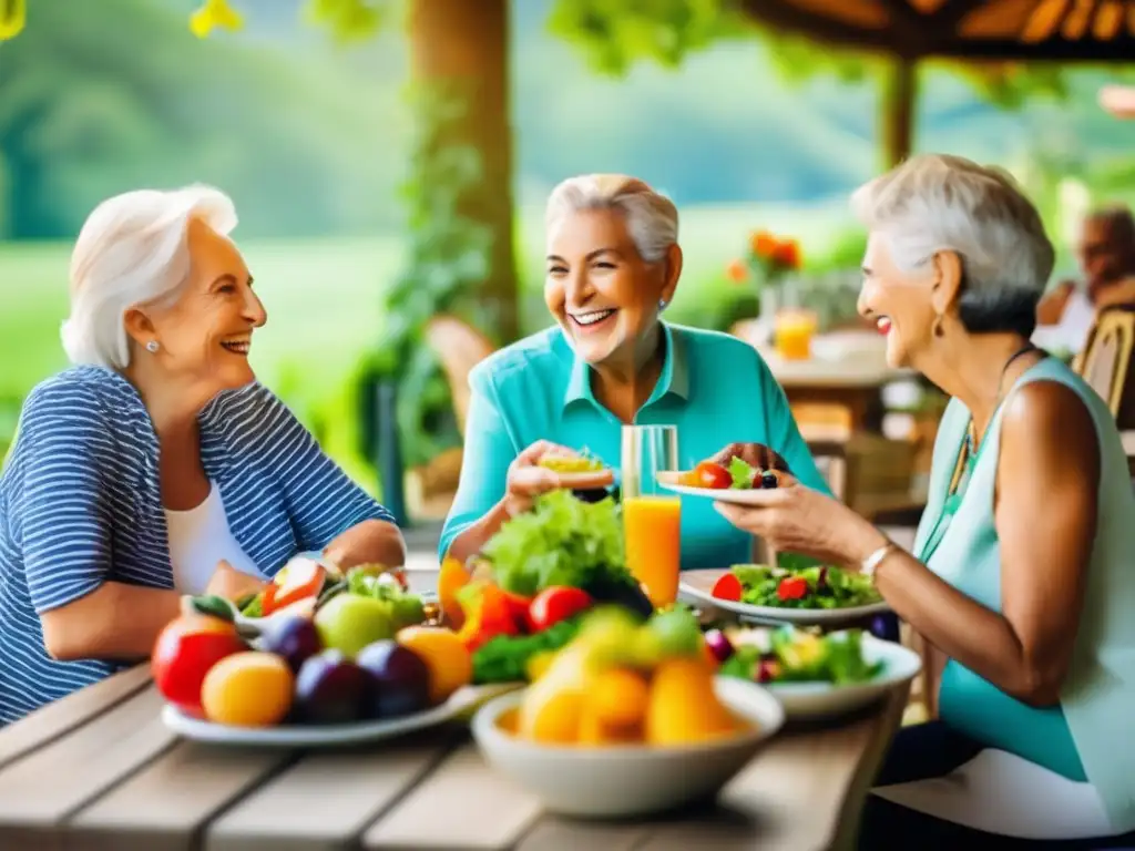 Felices seniors disfrutan comida saludable Felices seniors disfrutan comida saludable y compañía en un café al aire libre - Importancia nutrición viajes seniors