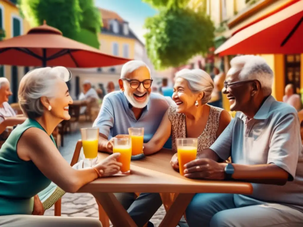 Lively senior citizens in vibrant European café Beneficios de viajes lingüísticos en la tercera edad con seniors alegres en una animada cafetería al aire libre en ciudad europea