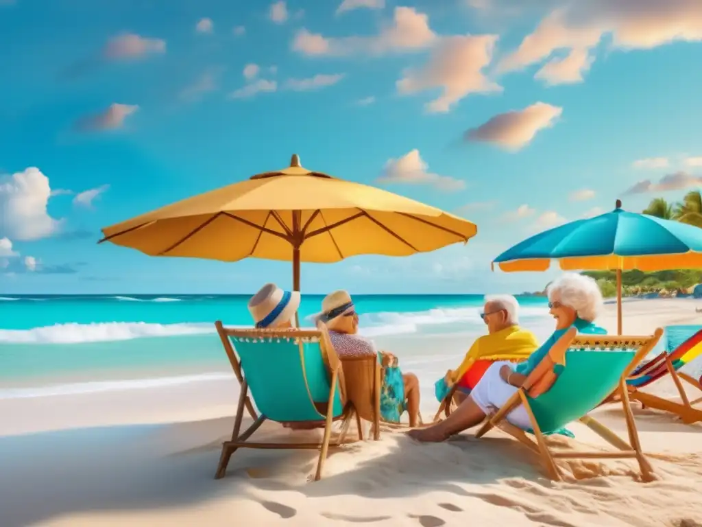 Felices adultos mayores disfrutando de una hermosa playa Experiencias de viaje para adultos mayores disfrutando de una playa paradisíaca y un atardecer espectacular
