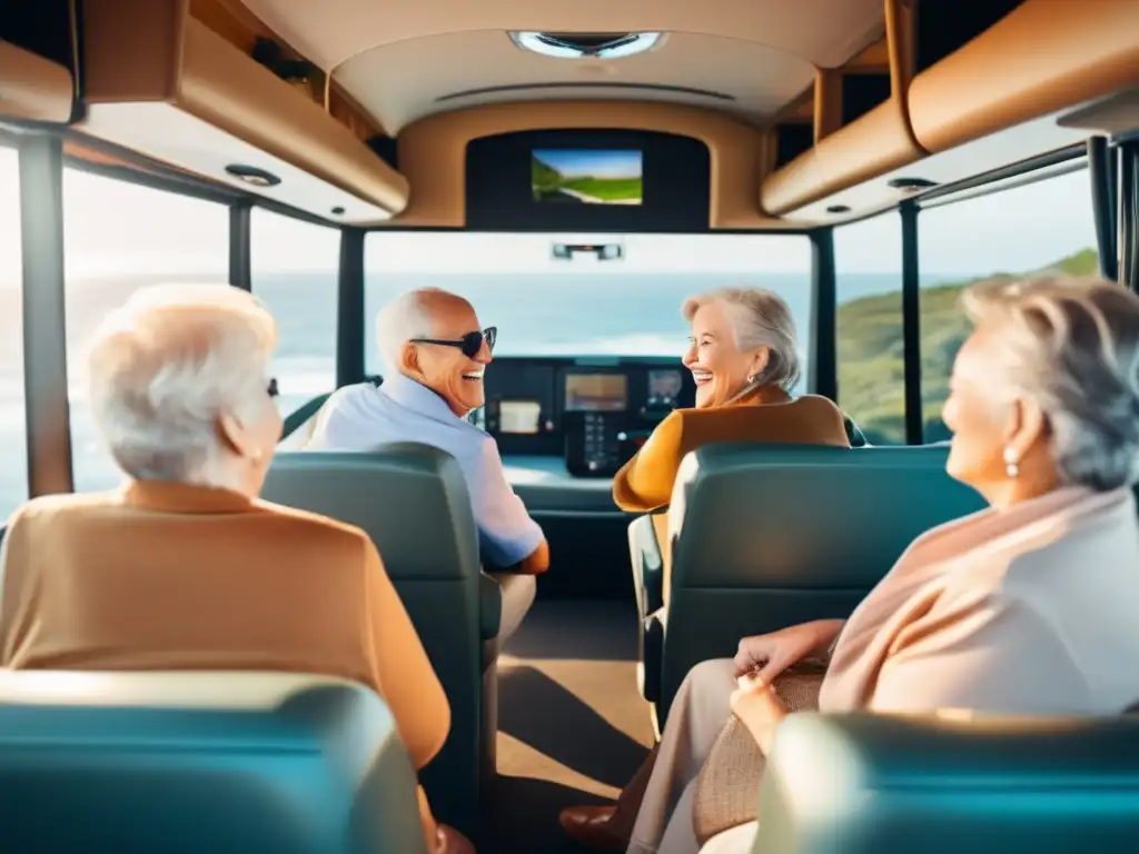 Grupo de seniors sonrientes en bus lujoso y confortable Grupo de seniors sonrientes en un autobús lujoso, cómodo y seguro, disfrutando de un viaje largo lleno de aventuras y camaradería