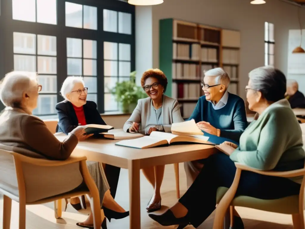 Grupo de adultos mayores en clase de idiomas Beneficios de viajes lingüísticos para adultos mayores