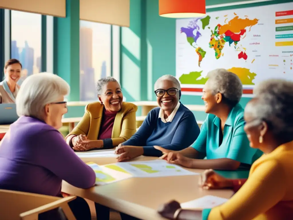 Aula moderna con adultos mayores aprendiendo idiomas Viajes lingüísticos para adultos mayores en aula moderna y vibrante, con diversidad cultural y entusiasmo por aprender