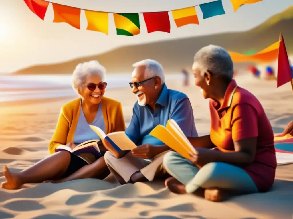 Beneficios viajes lingüísticos adultos mayores: conversaciones, libros, aprendizaje, diversidad, estimulación, interacción, colores vibrantes