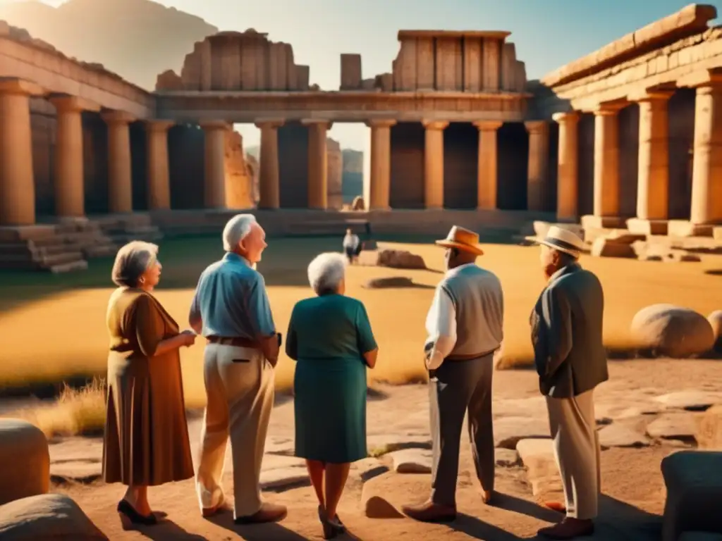 Grupo de adultos mayores en ruinas antiguas Grupo de adultos mayores en viajes históricos, conectados con la historia y la belleza de antiguas ruinas