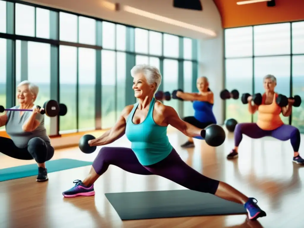 Grupo de mayores haciendo ejercicios de fuerza en un estudio de fitness Ejercicios fortalecimiento viajeros senior en estudio fitness con paisaje sereno