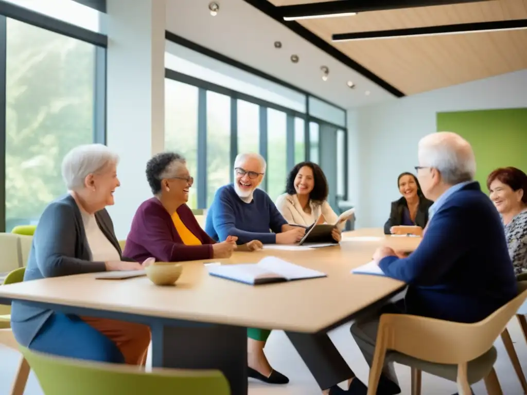 Grupo de adultos mayores entusiastas aprendiendo idiomas Seguridad en viajes lingüísticos para adultos mayores en moderna aula de idiomas con entusiastas participantes