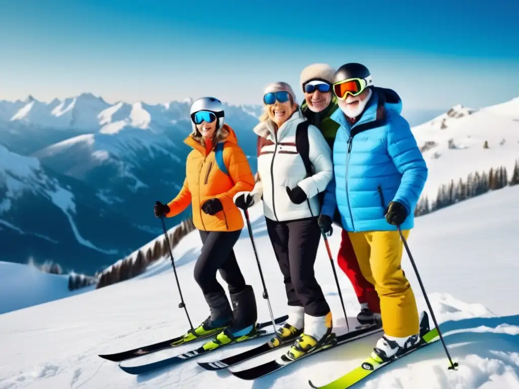 Grupo de adultos mayores disfrutando del esquí Viajes de esquí seguros para mayores: grupo emocionado en la cima de la montaña nevada, listos para disfrutar