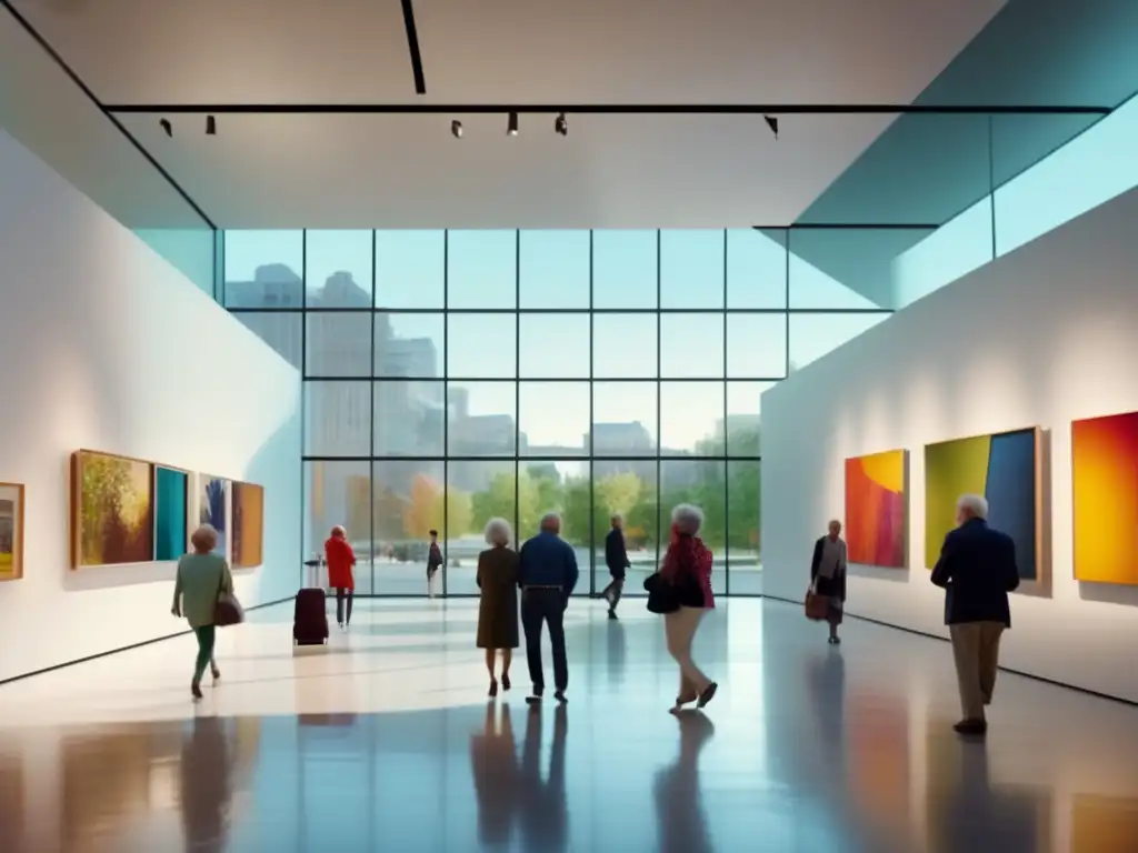 Seniors exploran museo de arte contemporáneo Museos recomendados para viajeros senior: Viaje cultural y aprendizaje en un moderno museo de arte contemporáneo