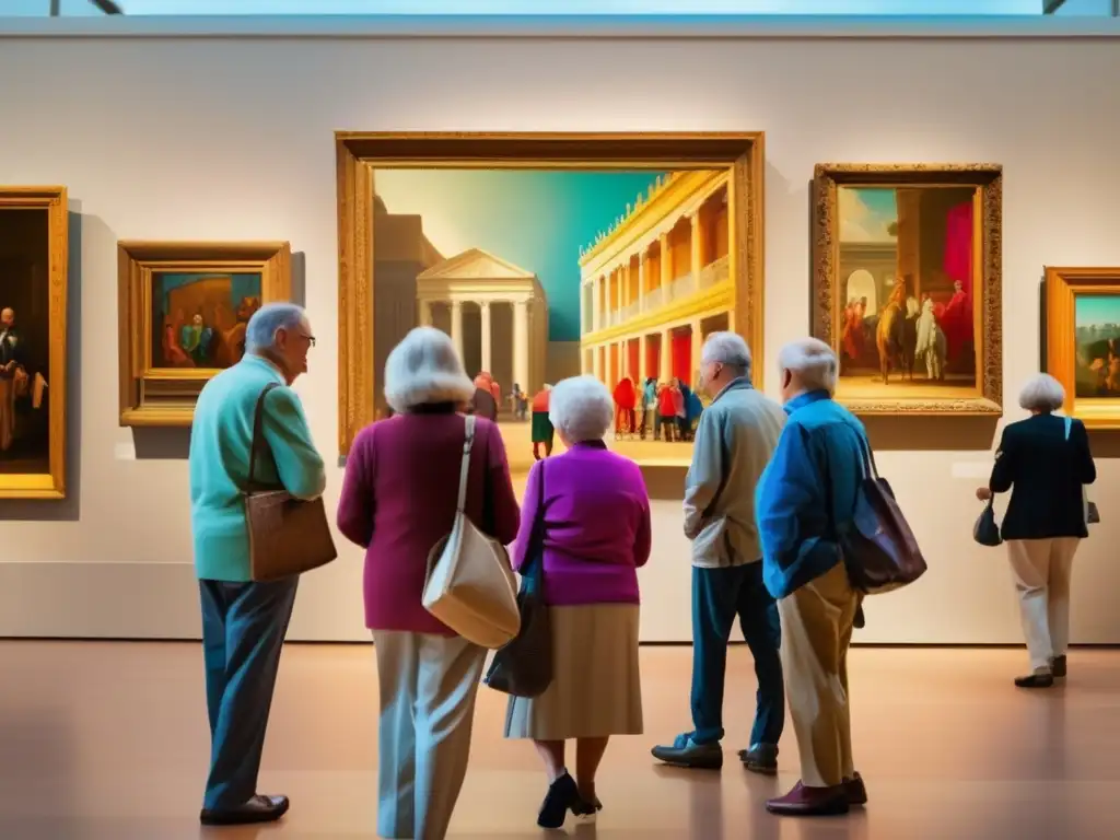 Grupo de mayores disfrutando de un museo vibrante Actividades culturales para viajeros senior explorando un vibrante museo