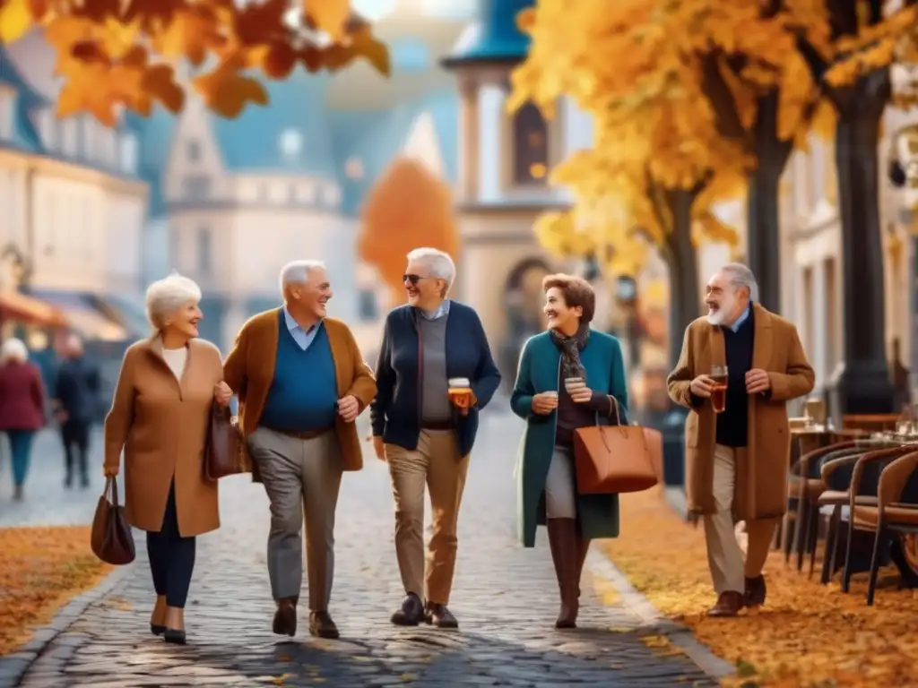 Grupo de adultos mayores explorando una ciudad europea Viajes en grupo para mayores: Pros y contras - Grupo de adultos mayores sonriendo y disfrutando de una ciudad europea pintoresca