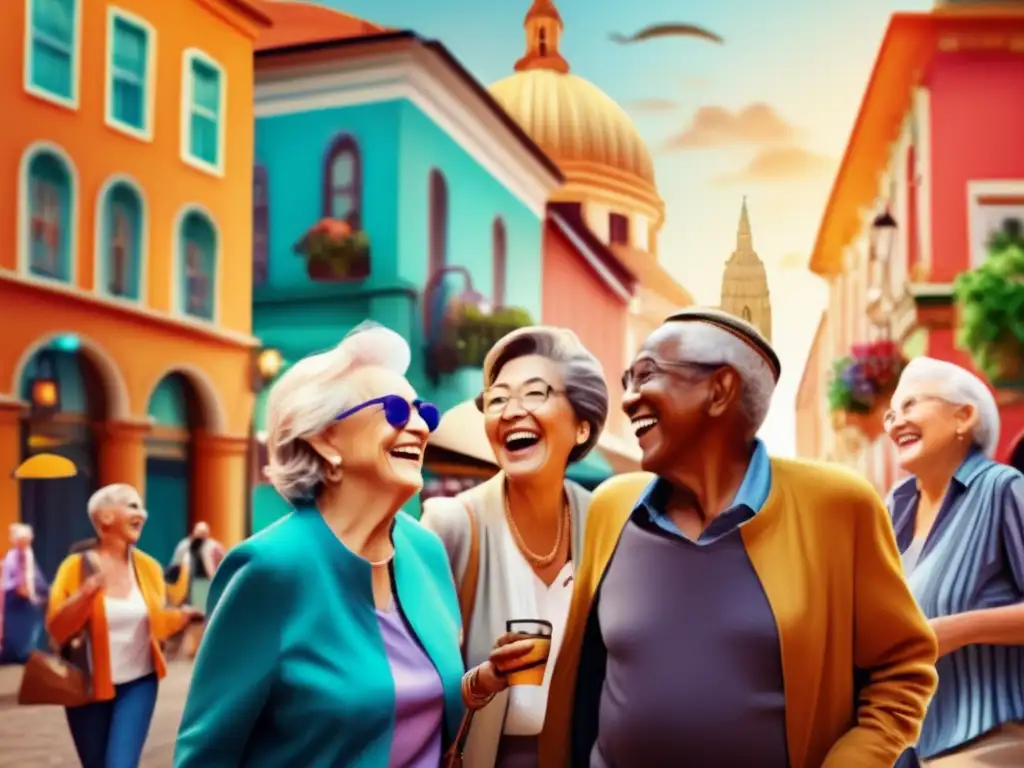 Grupo de adultos mayores disfrutando la ciudad Grupo de seniors explorando ciudad, viaje y aventura