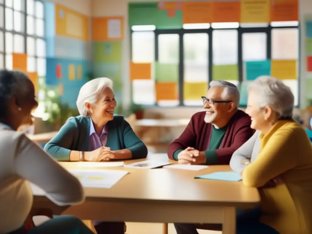 Adultos mayores disfrutan aprendiendo en aula de idiomas - Errores viajes lingüísticos adultos mayores