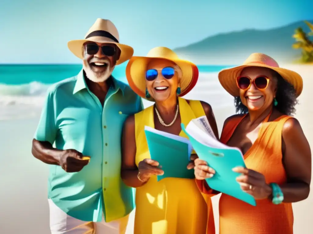 Alegres adultos mayores en la playa con documentación y pasaportes Sonrientes adultos mayores en una playa hermosa con olas turquesas