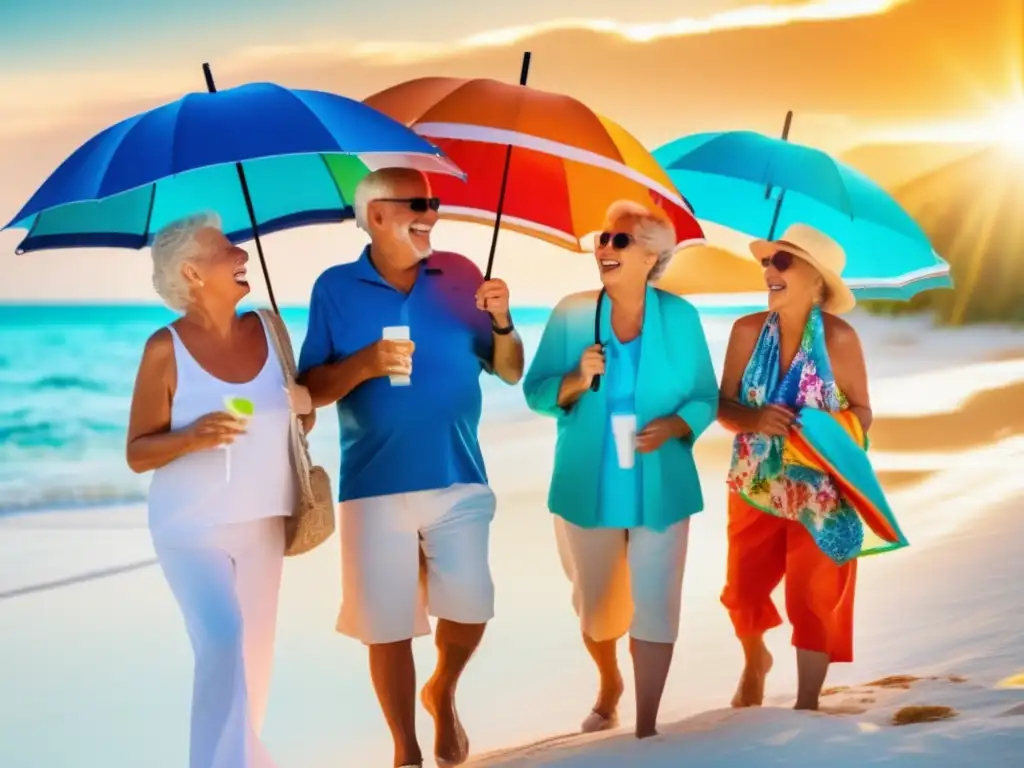 Viaje seguro y alegre para adultos mayores Viaje seguro y económico para mayores: Grupo de felices viajeros mayores en una hermosa playa con aguas turquesas y arena blanca