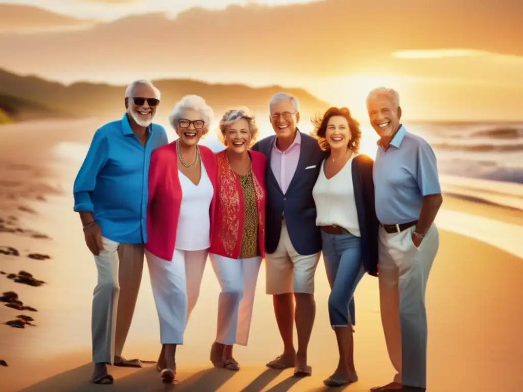 Grupo de adultos mayores con sonrisas radiantes en una playa al atardecer Vacaciones de grupo para adultos mayores: amigos felices en una playa al atardecer