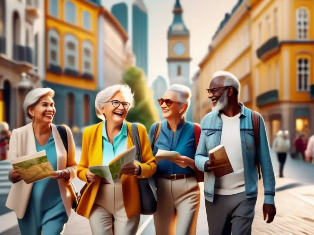 Grupo de seniors felices explorando una ciudad vibrante - Consejos para viajes de seniors