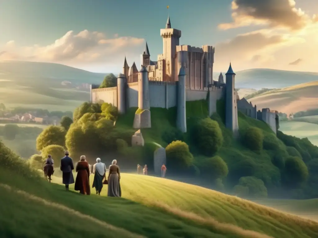Grupo de adultos mayores admirando castillo medieval Rutas de viaje históricas para adultos en castillo medieval