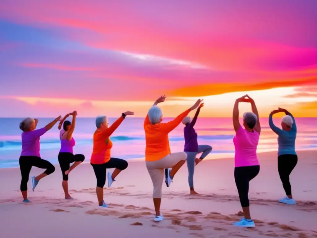 Ejercicio de estiramiento en la playa al atardecer Estiramiento para viajeros senior en la playa al atardecer